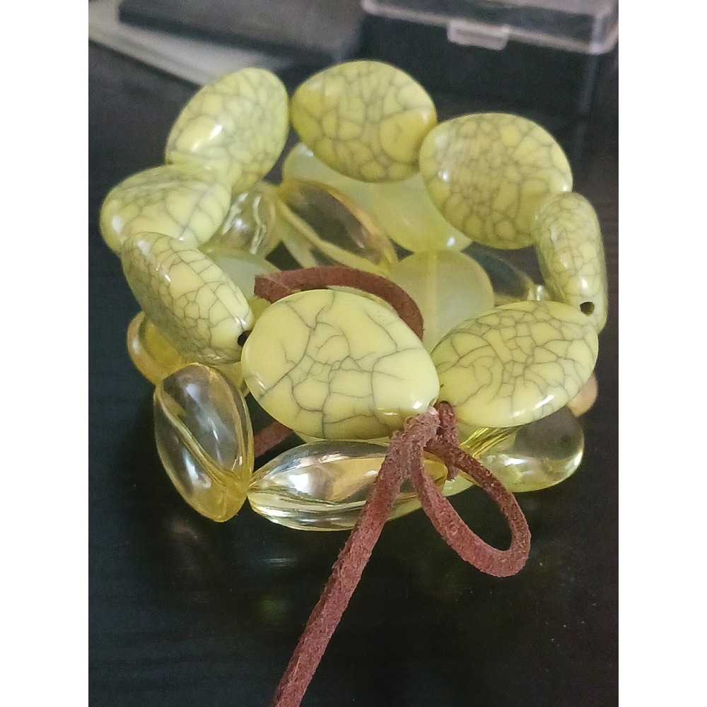 Green Yellow Chunky Bead Stretch Bracelet Set Marbled Translucent Boho 2 Piece